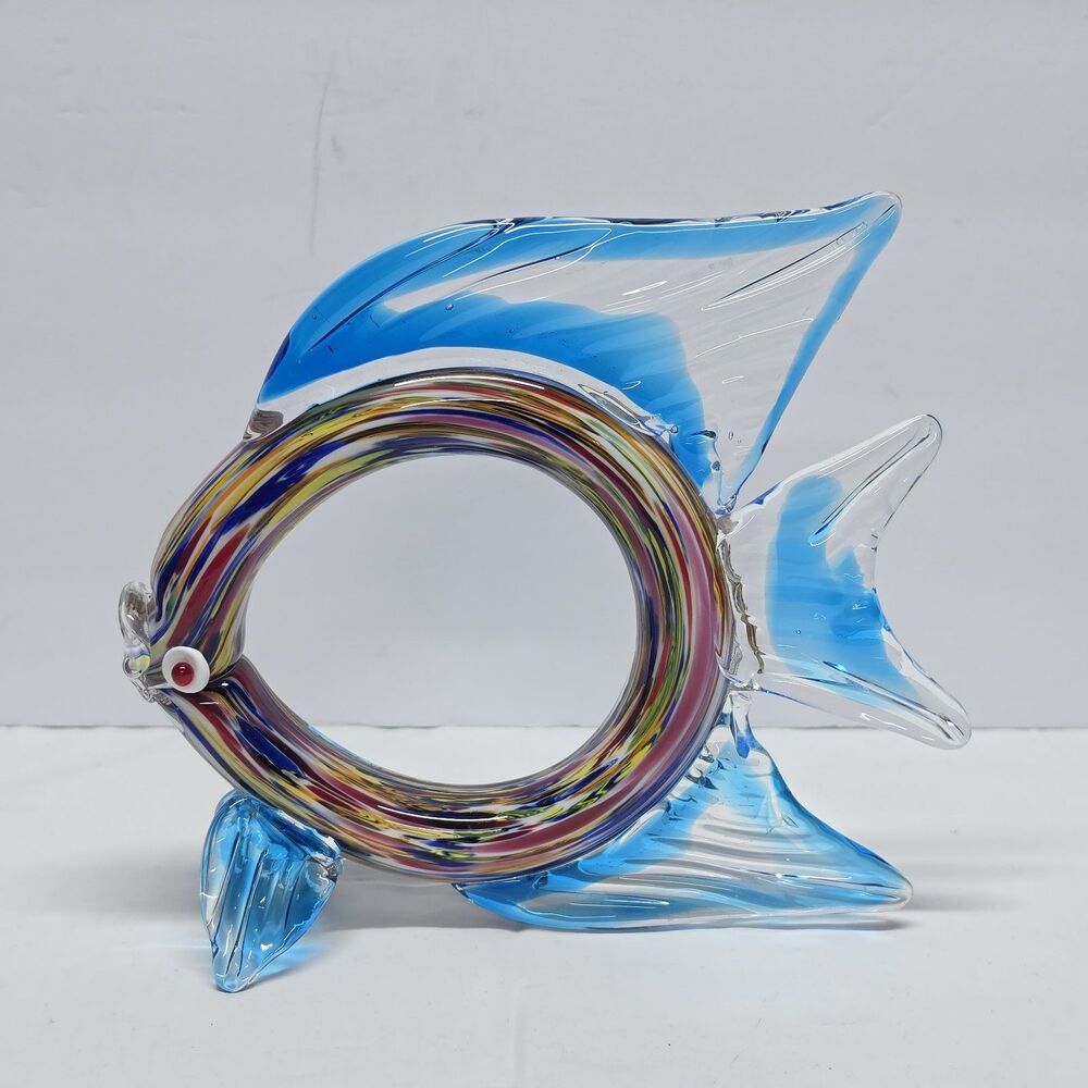 Large Colorful 7.5” Murano Style Hand Blown Art Glass Circle FISH MULTI COLOR